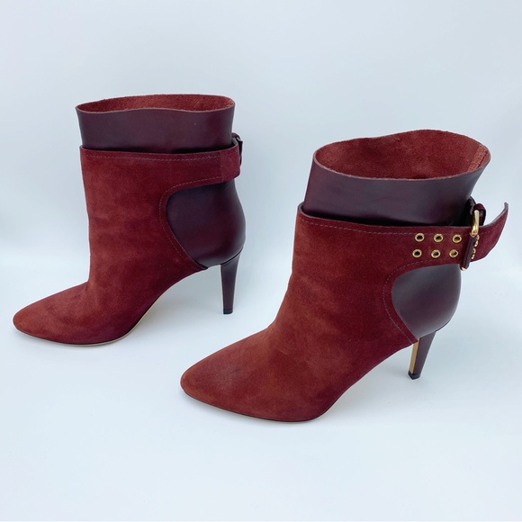 Jimmy Choo size 6.5 /36.5 Maroon Burgundy Ankle Booties Boots with Gold Hardware - Picture 3 of 11